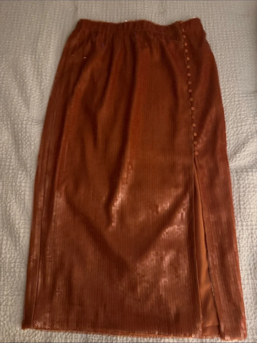 J. Crew CopperRose Gold Sequin Midi Skirt with Side Button Slit